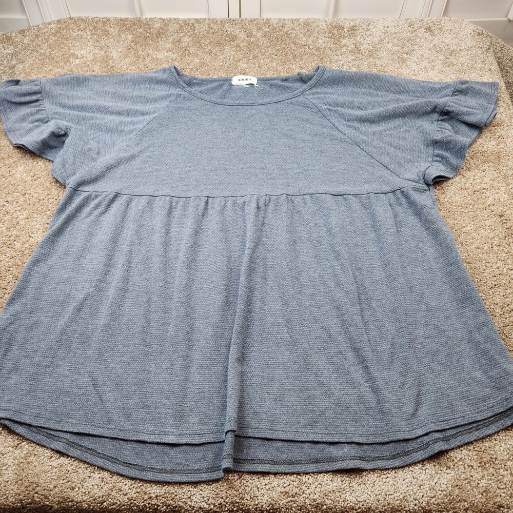 Adora Womens Blue Textured Knit Babydoll Ruffle Short‎ Sleeve Peplum Top Size L